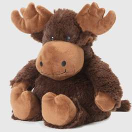 Plush moose stuffed animal with brown fur and tan antlers