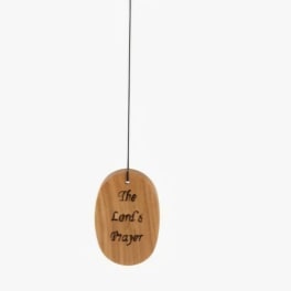 Metal wind chime with wooden accents and a hanging wooden tag