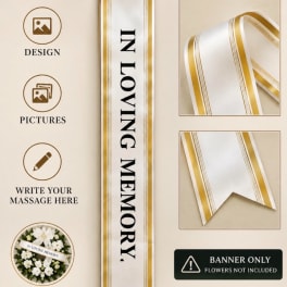 Gold and white memorial banner with customizable text and photo areas