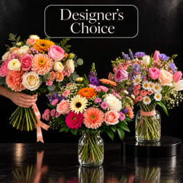 Three colorful mixed flower bouquets in glass vases and one hand-held bouquet