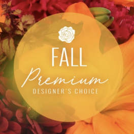 Fall-themed floral design with orange and red blooms and a text overlay