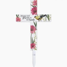 Floral memorial cross stake with a bird and the words "Always and forever in our hearts"