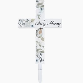 White memorial cross stake with floral bird artwork and "In Loving Memory" text