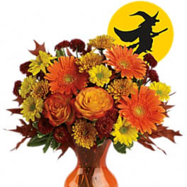 Orange and yellow mixed bouquet in an orange vase with a witch silhouette graphic behind it