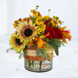 Sunflowers and red roses arranged in a glass vase with autumn leaves