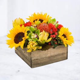 Sunflowers and mixed blooms arranged in a wooden box