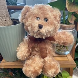Teddy bear with a brown ribbon sitting beside potted plants