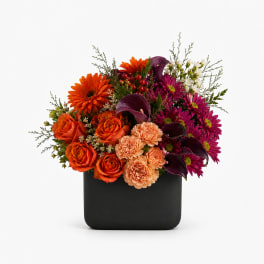 Mixed bouquet of orange, magenta, and peach flowers in a black vase