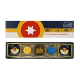Box of assorted chocolates with a Tulsa flag design