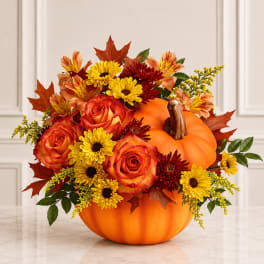 Autumn floral arrangement in a pumpkin container with roses and daisies