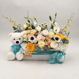 Mixed flower arrangement in a box with a teddy bear and blue ribbon