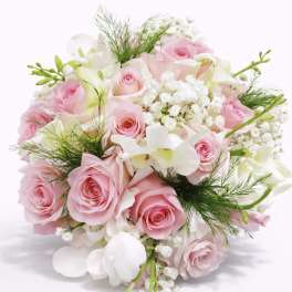 Blush Garden Bride Wedding Bouquet with Pink Roses and Orchids