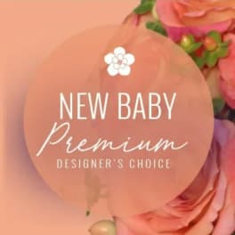 Peach graphic with New Baby Premium Designer's Choice text over soft peach-pink flowers