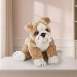 Plush bulldog toy sitting on a table