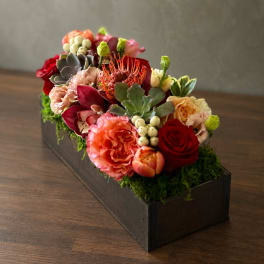 Mixed floral arrangement in a black rectangular box with succulents and roses