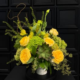 Yellow roses and green succulents arranged in a white vase