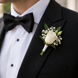 White rose boutonniere on a black tuxedo lapel
