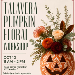 Pumpkin floral workshop poster with a jack-o'-lantern arrangement