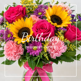 Birthday gift card with a colorful bouquet of roses, sunflowers, and carnations