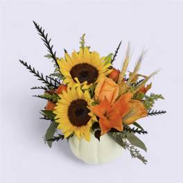 Sunflower and orange rose arrangement in a white pumpkin vase