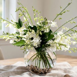 White orchid arrangement in a round glass vase with pebbles