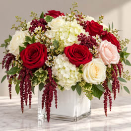 Red and white rose arrangement in a square glass vase