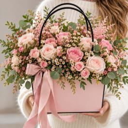 Pink roses and small white flowers arranged in a pink gift box with a ribbon.