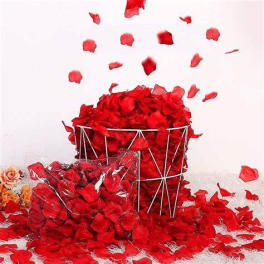Red rose petals spilling from a wire basket onto a white surface
