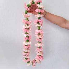Pink and white carnation lei held by a hand