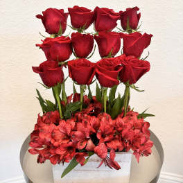 Red roses arranged above red alstroemeria in a white box