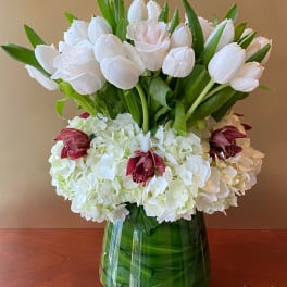 White tulips and hydrangeas with burgundy orchids in a green glass vase