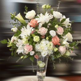 Tall bouquet of white and blush flowers in a clear glass vase