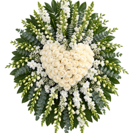Heart-shaped white rose funeral spray with white flowers and greenery