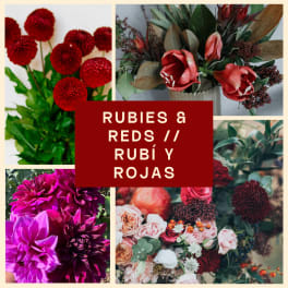 Collage of red and pink floral arrangements with a central text block.