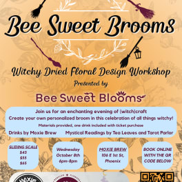 Promotional poster for a witchy dried floral workshop with brooms and a QR code.