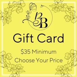 Yellow floral shop gift card design with black text and line-drawn flowers in the corners.