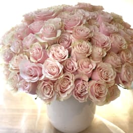 Bouquet of pale pink roses in a white vase