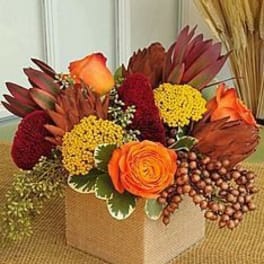 Orange and burgundy floral arrangement in a square box