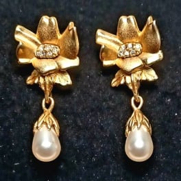 Pair of gold floral drop earrings with pearl teardrops