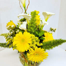 Compact arrangement of yellow gerbera daisies and white calla lilies in a clear round vase