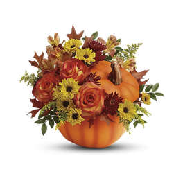 Pumpkin-shaped arrangement with roses and daisies