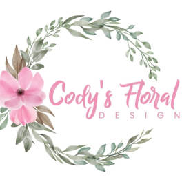 Pink flower logo with leafy wreath and the text "Cody's Floral Design"