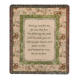 Floral-patterned woven throw blanket with a printed memorial poem