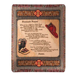 Fireman's Prayer printed blanket with firefighter boots and helmet