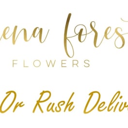 Gold text reading "galena forest flowers" and "Timed Or Rush Delivery" on white background