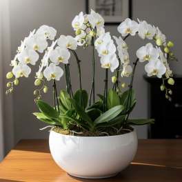 White orchids in a white bowl planter on a table