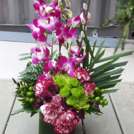 Tall orchid and carnation arrangement in a dark green container