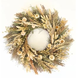 Dried floral wreath with beige and gold tones