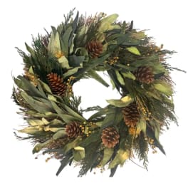 Evergreen wreath with pinecones and gold accents