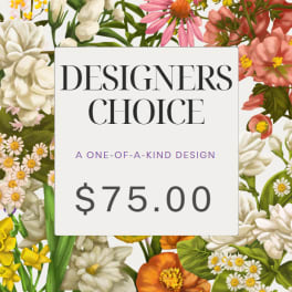 Designer’s choice floral arrangement card with mixed flowers and a $75 price